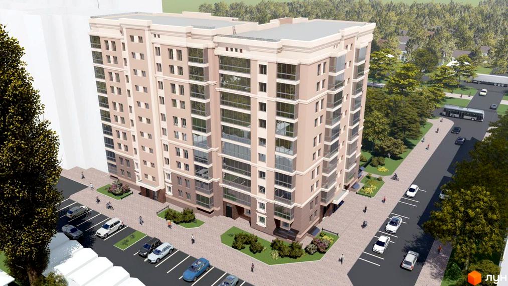 Зовнішній вигляд ЖК Прем'єр Хаус з багатоповерховими будинками та прибудинковою територією з парковкою та деревами. Комплекс має світло-бежевий фасад та великі вікна.