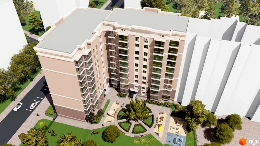 Зовнішній вигляд багатоповерхового будинку ЖК Прем'єр Хаус з балконами та вікнами. На прибудинковій території розташований дитячий майданчик та зона відпочинку з лавками.