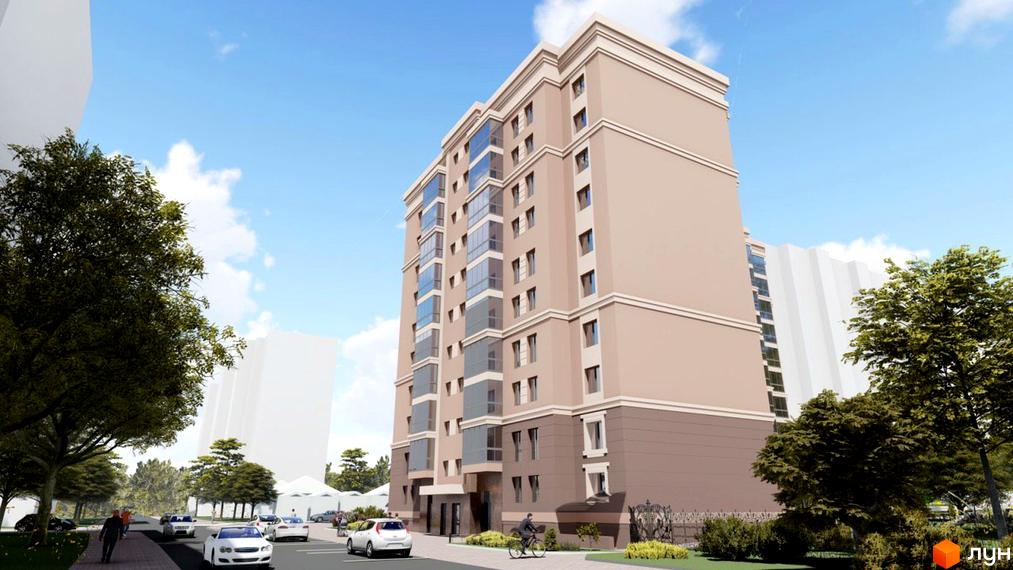 Житловий комплекс Прем'єр Хаус - сучасна багатоповерхова новобудова з панорамним склінням та акуратним фасадом. Навколо будинку зелена зона з деревами та доглянутою прибудинковою територією.