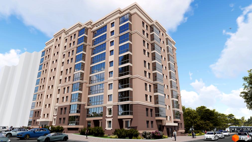 Зовнішній вигляд ЖК Прем'єр Хаус: багатоповерховий будинок з коричнево-бежевим фасадом та великими вікнами. На прибудинковій території розташовані автомобілі та зелені насадження.