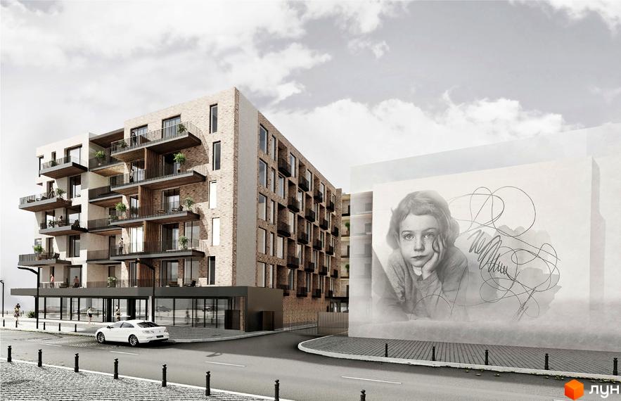 Багатоповерховий будинок Житлового комплексу Art House з балконами та великими вікнами. Поруч розташована дорога, тротуар та стіна з муралом дитини.