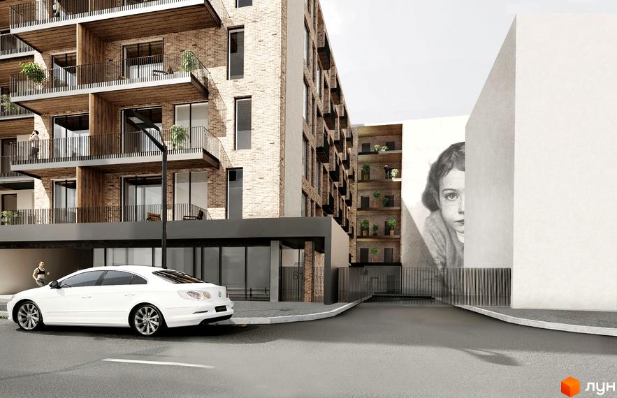 Житловий комплекс Art House з балконами та терасами, біля будинку припаркований білий автомобіль. На стіні зображено портрет дівчинки.