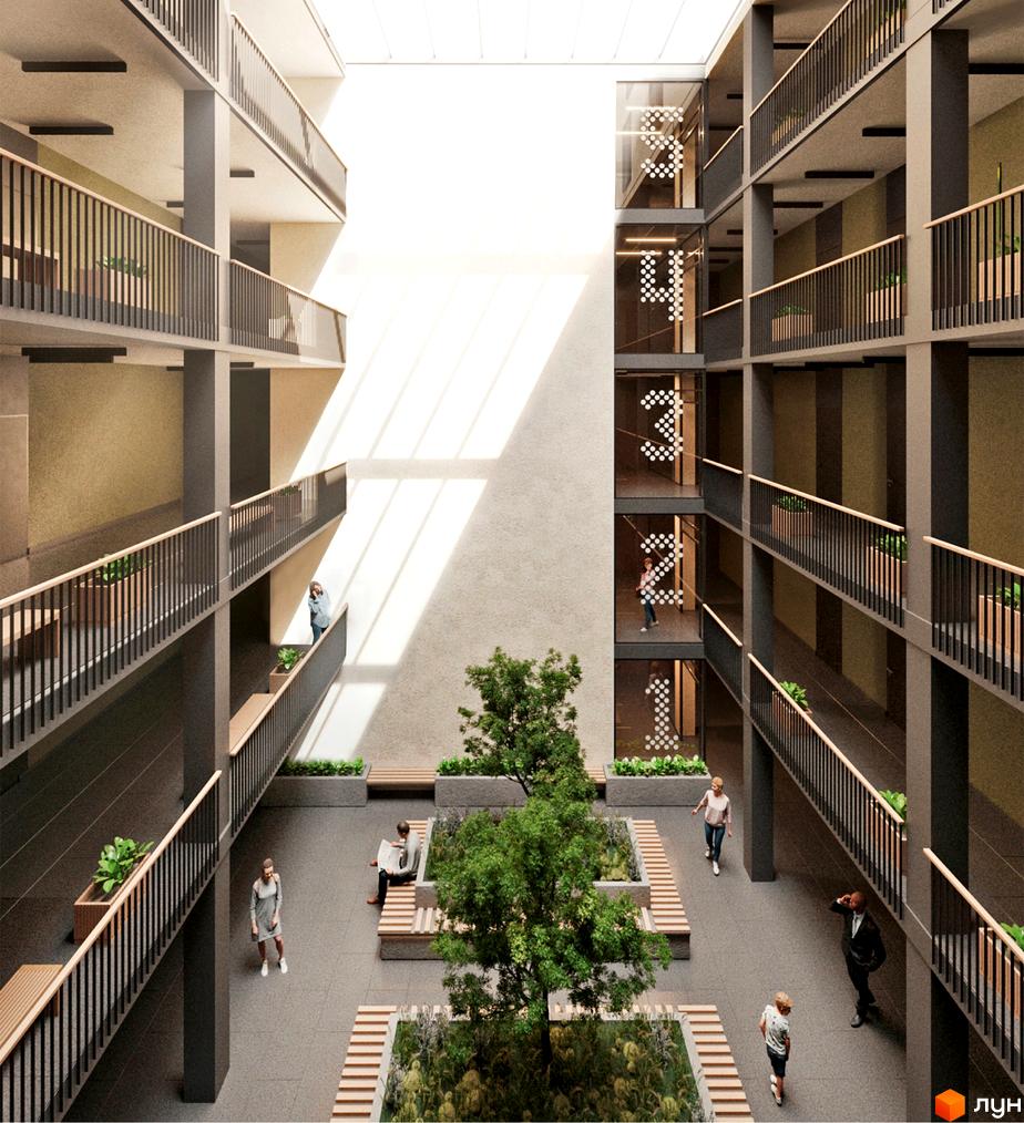 Інтер'єр ЖК Art House з просторим атріумом, балконами та зеленими насадженнями. У центрі композиції — велике дерево, лави для відпочинку та люди.