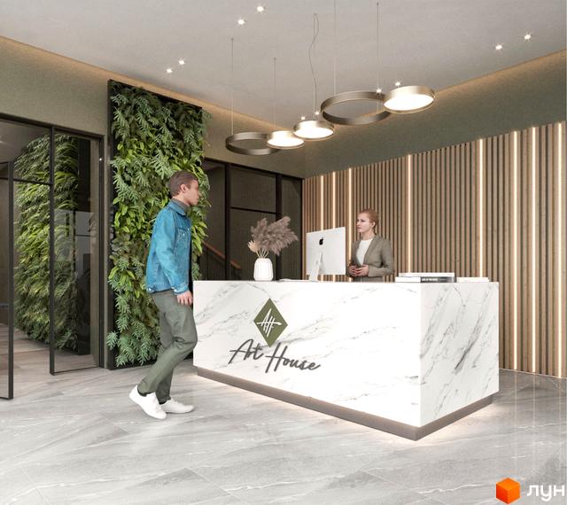Лобі Житлового комплексу Art House з білою мармуровою стійкою рецепції, вертикальним озелененням та стінами з дерев'яних панелей.