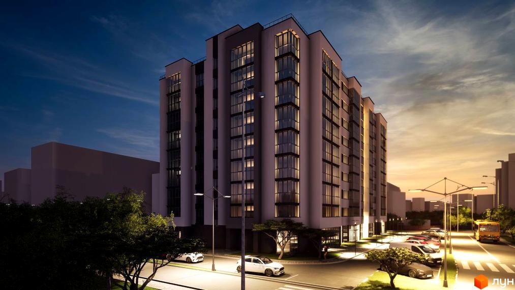 Зовнішній вигляд багатоповерхового будинку ЖК Елітний з великою кількістю вікон та прибудинковою територією з парковкою та деревами.