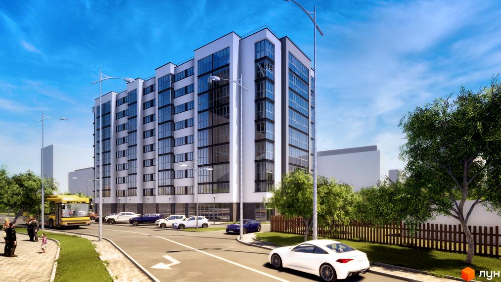 Зовнішній вигляд житлового комплексу Елітний з великою кількістю скління та паркуванням біля будинку. Навколо будинку зелена зона з деревами та парканом.