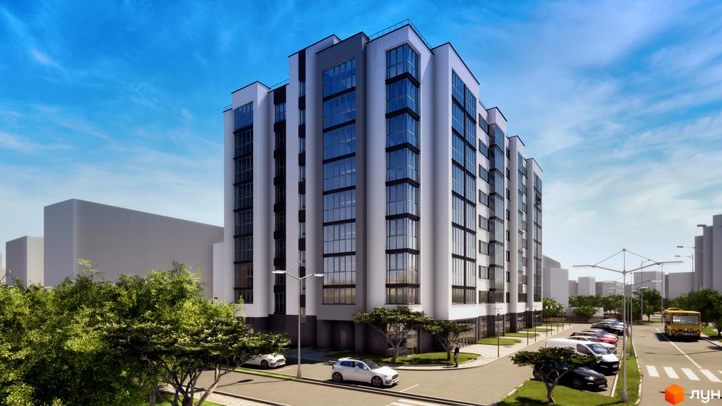 Зовнішній вигляд багатоповерхового будинку ЖК Елітний з великими вікнами та прибудинковою територією з деревами та автомобілями.