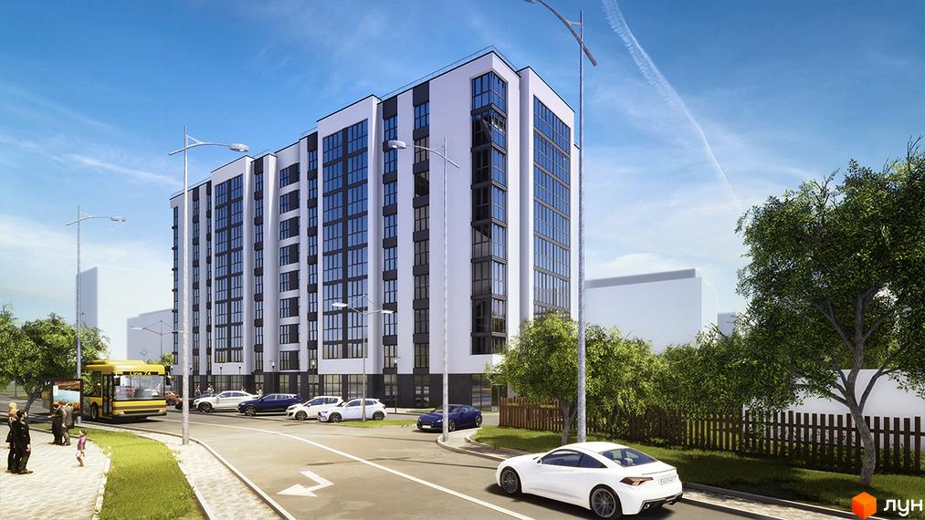 Зовнішній вигляд багатоповерхового будинку ЖК Елітний з великими вікнами та прибудинковою територією з деревами та дорогою. Сучасний житловий комплекс з автобусом та автомобілями.