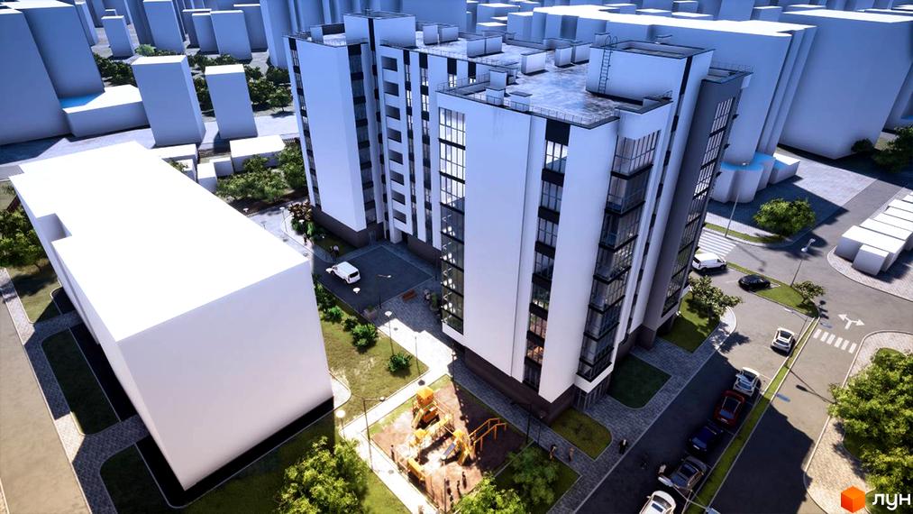 Зовнішній вигляд новобудови ЖК Елітний з прибудинковою територією та дитячим майданчиком. Сучасна архітектура та комфортне життя.