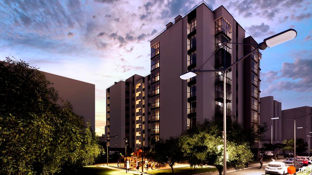 Зовнішній вигляд багатоквартирних будинків ЖК Елітний з вікнами та балконами, освітленими ввечері. На прибудинковій території дитячий майданчик та дерева.