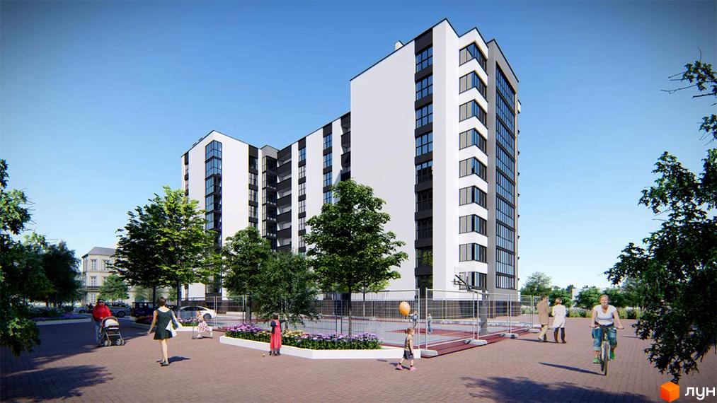 Висотна новобудова ЖК Парковий з білими фасадами та великими вікнами. На прибудинковій території дитячий майданчик, дерева та місця для відпочинку.