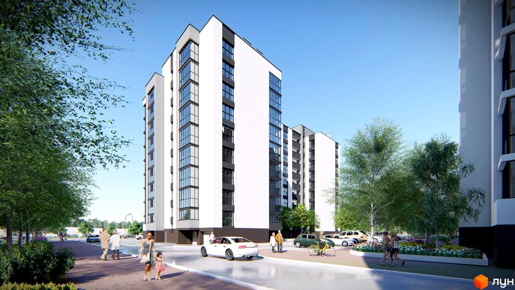 Висотна новобудова ЖК Парковий з білими фасадами та панорамними вікнами, поруч з будинком облаштована прибудинкова територія з алеями та парковкою.