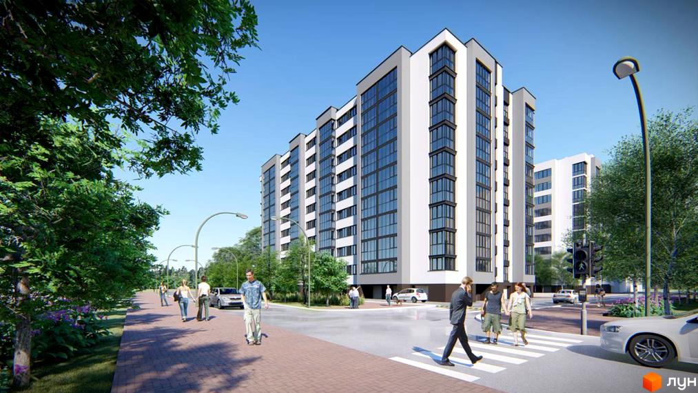 Висотна новобудова ЖК Парковий з панорамними вікнами та доглянутою прибудинковою територією з тротуарами, зеленими насадженнями та вуличними ліхтарями.