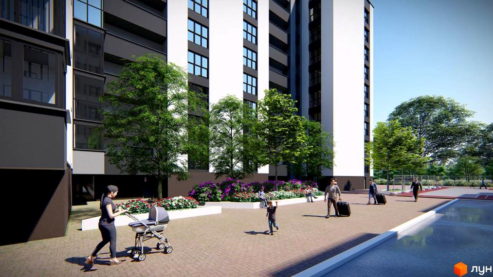 Висотна будівля ЖК Парковий з білими та чорними фасадами. На території комплексу висаджені дерева та квіти, є місця для відпочинку.