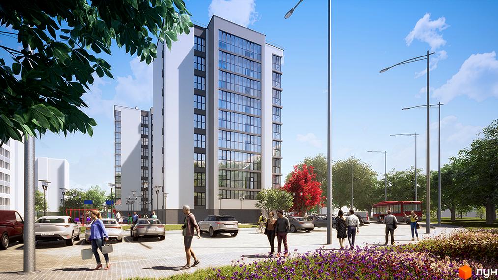 Житловий комплекс Парковий: сучасна багатоповерхова новобудова з великими вікнами та упорядкованою прибудинковою територією з місцями для паркування та зеленими зонами.
