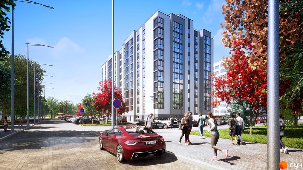 Висотна новобудова ЖК Парковий з панорамними вікнами, доглянута прибудинкова територія з алеями для прогулянок та парковкою для авто.