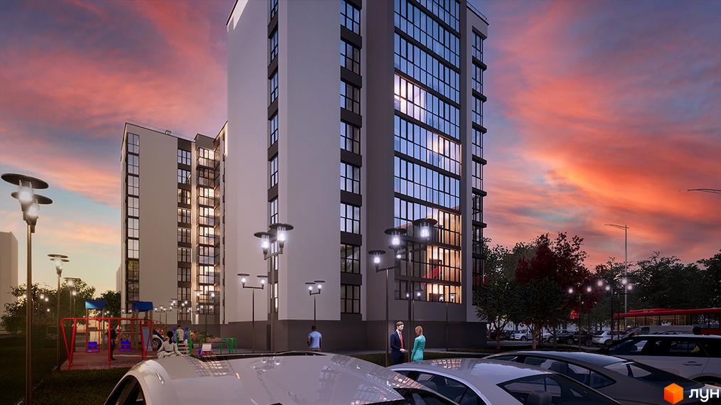 Високоповерхова новобудова ЖК Парковий на фоні заходу сонця. На території будинку облаштовано парковку, дитячий майданчик та зони відпочинку.