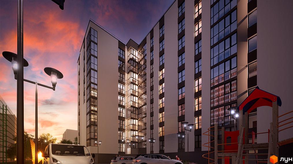 Висотна будівля ЖК Парковий з великими вікнами, поруч дитячий майданчик та ліхтарі. Вечірнє небо з рожевими відтінками.