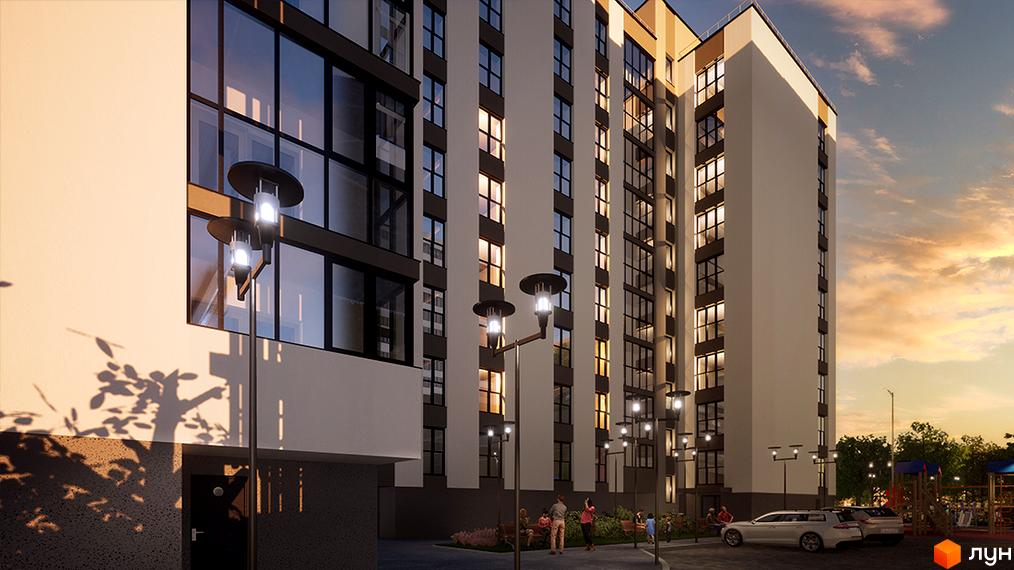 Висока будівля ЖК Парковий з великими вікнами та світлими фасадами. На прибудинковій території розташовані ліхтарі, парковка та дитячий майданчик.