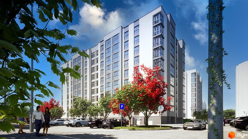 Високоповерховий будинок ЖК Парковий з великими вікнами, поруч дерева з червоним листям та парковка для автомобілів.