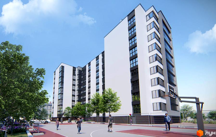 Високоповерховий будинок ЖК Парковий з білими стінами та темними вікнами. На території комплексу є спортивний майданчик та зелені насадження.