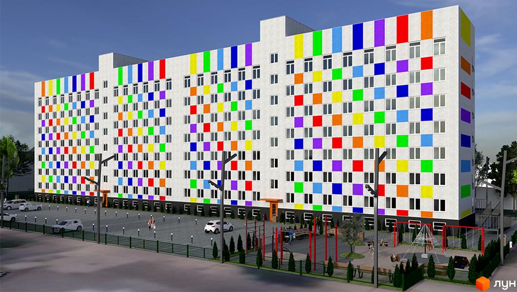 Житловий комплекс Воробйовi гори PRO з білим фасадом, прикрашеним різнокольоровими квадратними вставками, та прибудинковою територією з парковкою і дитячим майданчиком.