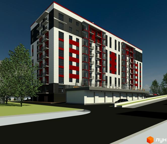 Новобудова Центральний: багатоповерховий будинок з біло-червоним фасадом та темними вставками. Навколо зелені дерева та асфальтова дорога.