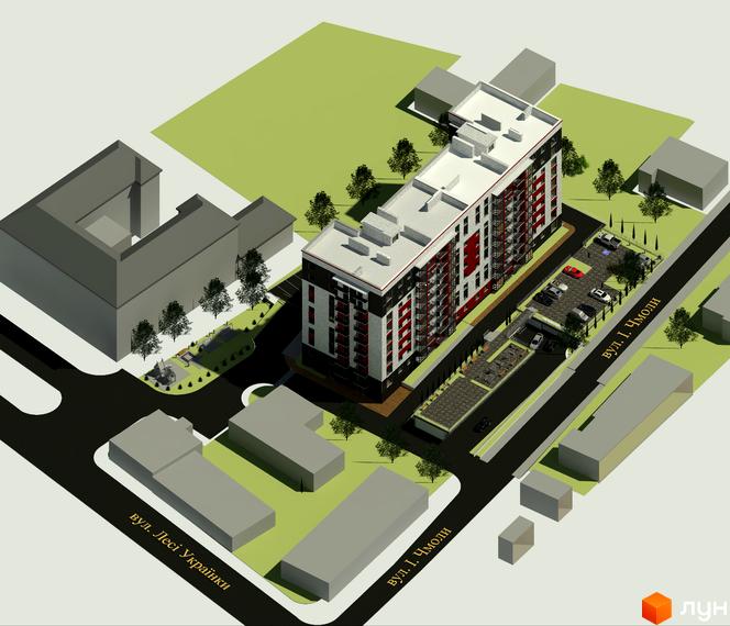 Зображення Житлового комплексу Центральний з прибудинковою територією та паркінгом. Вигляд зверху на будівлю з червоними балконами.