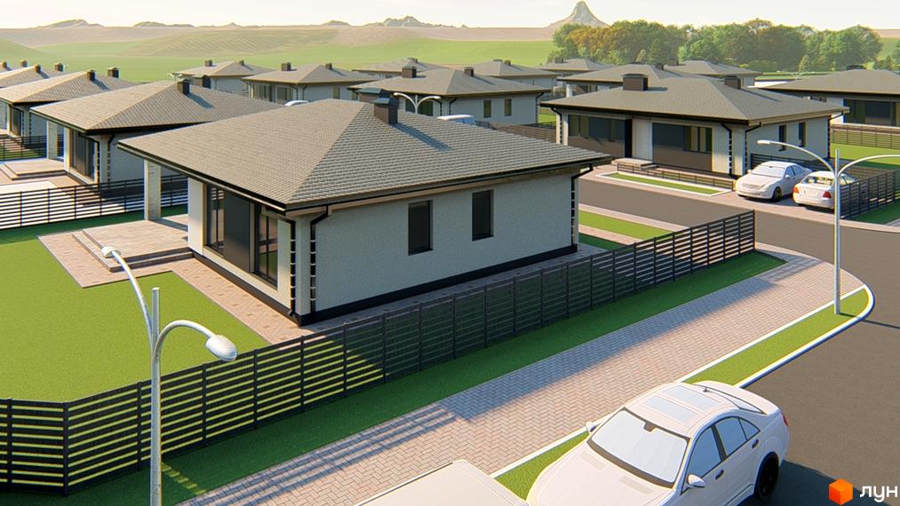 Котеджне містечко Генеральський: одноповерхові будинки з сірими дахами та парканами, зелені газони та доглянуті вулиці. На території розташовані автомобілі та вуличні ліхтарі.