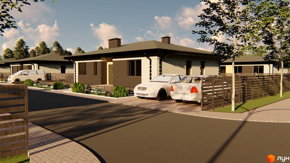 Котеджне містечко КМ Генеральський: одноповерхові будинки з темними фасадами та сірими дахами, прибудинкова територія з паркуванням та парканом.