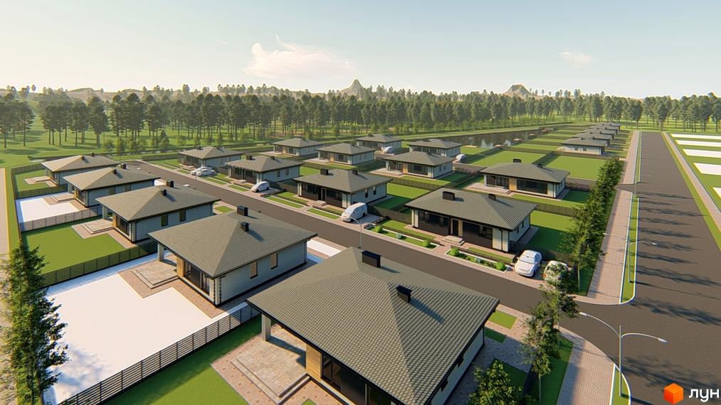 Котеджне містечко Генеральський: одноповерхові будинки з сірими дахами та прибудинковою територією з газоном та парканом. На території комплексу є дороги, тротуари та дерева.