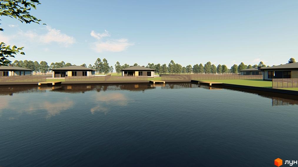 Котеджне містечко Генеральський: одноповерхові будинки з темними дахами та світлими фасадами, розташовані вздовж водойми з власними пірсами.