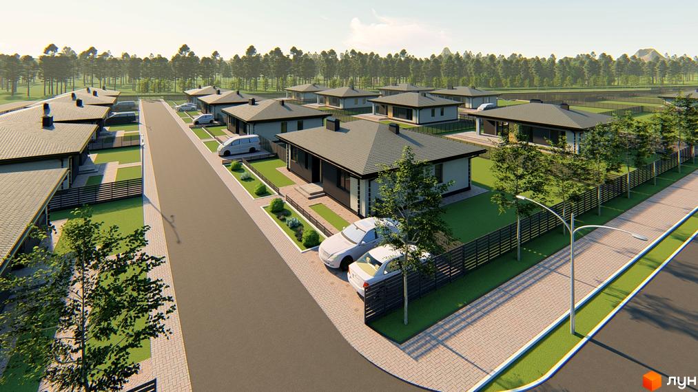 Котеджне містечко Генеральський: одноповерхові будинки з сірими дахами та прибудинковою територією з газоном, парканом та деревами.