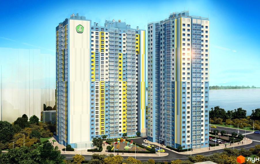 Житловий комплекс Welcome Home на Ревуцького – висотні будинки з блакитно-жовтими фасадами та дитячим майданчиком біля новобудови.