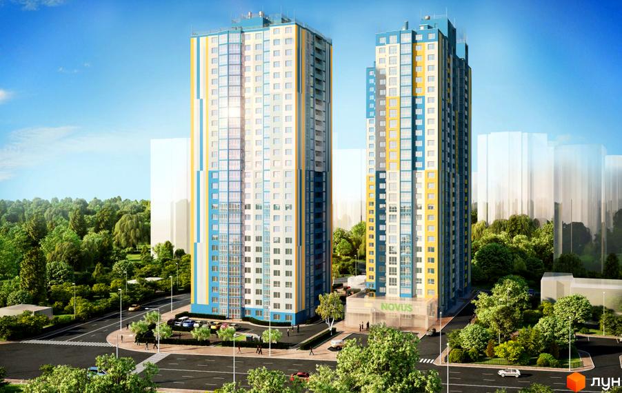 Новобудова ЖК Welcome Home на Ревуцького: дві високі вежі з жовто-блакитними фасадами, зелена прибудинкова територія та парковка.