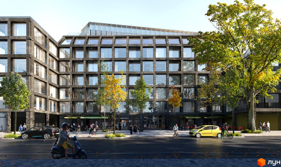 Зовнішній вигляд будівлі житлового комплексу ANDRIYIVSKY City Space з великими вікнами та терасами. На передньому плані вулиця з автомобілями та пішоходами.