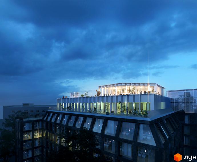 Вид на сторінку житлового комплексу ANDRIYIVSKY City Space. Багаторівнева будівля з панорамними вікнами та терасою на даху, де видно людей.