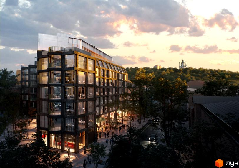 Висотна будівля житлового комплексу ANDRIYIVSKY City Space з великими вікнами. Навколо будинку розташована прибудинкова територія з деревами та дорогою.