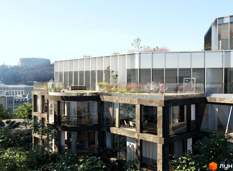 Зображення сторінки ЖК ANDRIYIVSKY City Space. Багаторівневий будинок з панорамними вікнами та терасами. На терасах облаштовані зони відпочинку з рослинами.