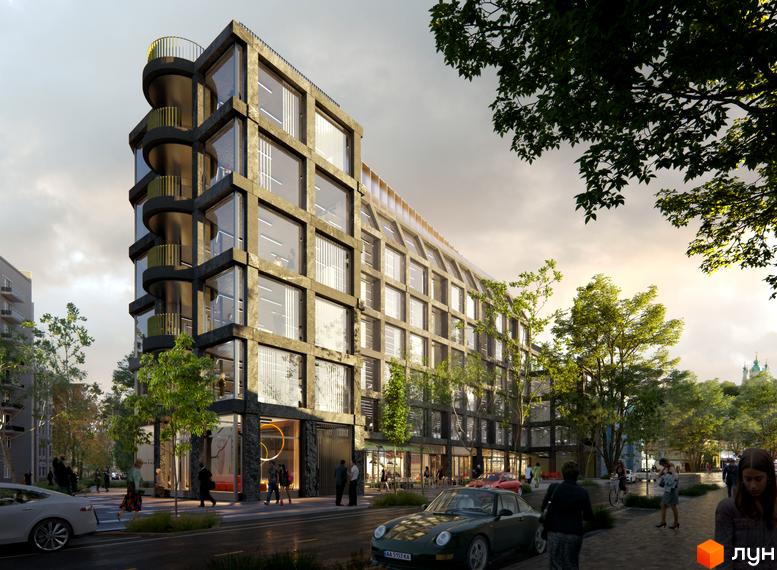 Новобудова ANDRIYIVSKY City Space має багатоповерховий фасад з великими вікнами та округлими балконами. Прилегла територія облаштована деревами, пішохідними зонами та автомобілями.