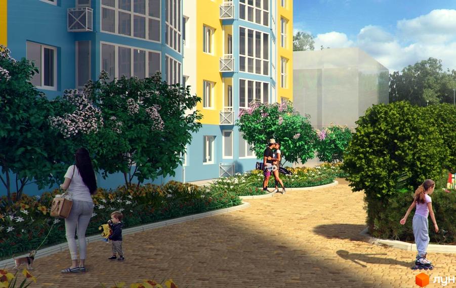 Зовнішній вигляд новобудови ЖК Welcome Home на Ревуцького: яскравий фасад, зелені насадження та зона відпочинку з людьми. Опис житлового комплексу.