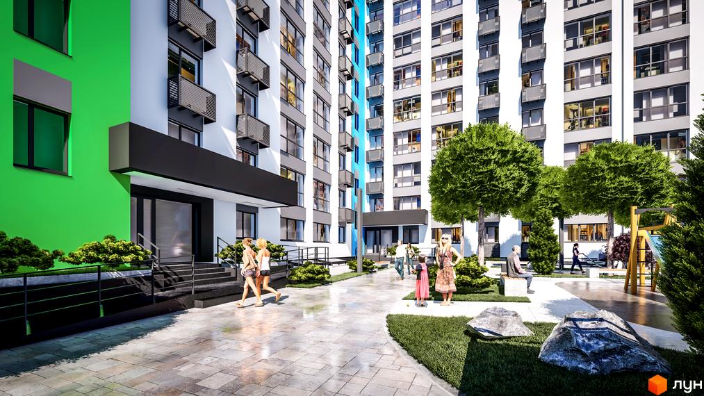 Житловий комплекс BARVY: фасади будівель з балконами та зелена прибудинкова територія з дитячим майданчиком.