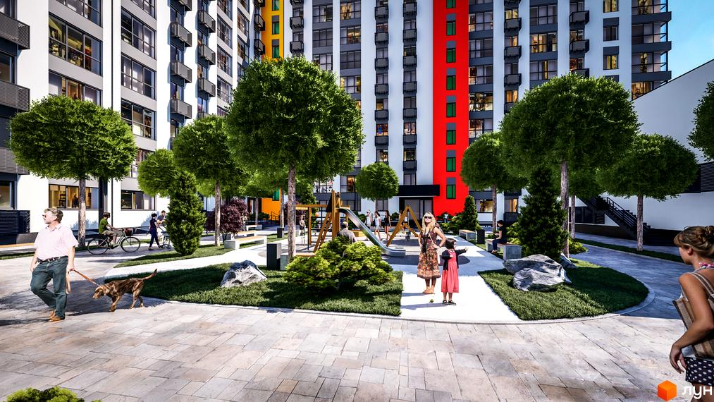 Житловий комплекс BARVY з яскравим фасадом та доглянутою прибудинковою територією з дитячим майданчиком та зеленими насадженнями.