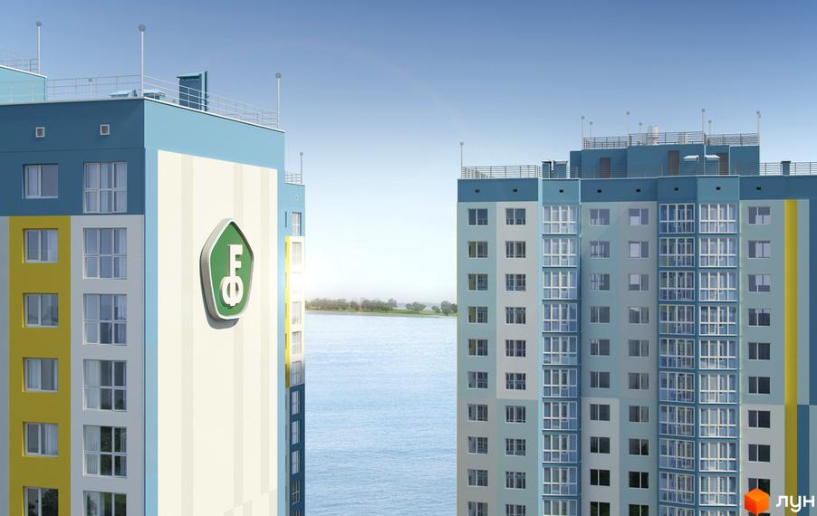 Зовнішній вигляд житлового комплексу Welcome Home на Ревуцького: двоколірні фасади, великі вікна. Навколо будівель видно воду та зелені насадження.