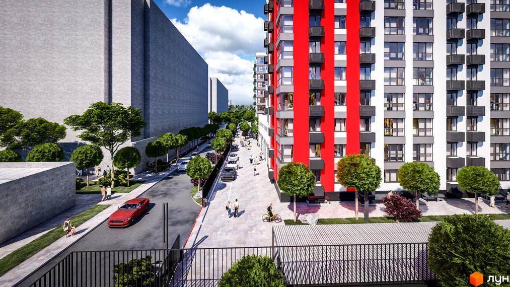 Житловий комплекс BARVY з яскравим фасадом та доглянутою прибудинковою територією з деревами та тротуарами, що веде до вулиці з автомобілями та пішоходами.