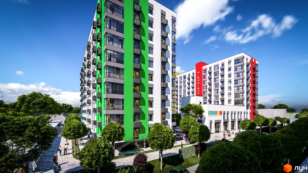 Житловий комплекс BARVY – це сучасна новобудова з яскравими фасадами та доглянутою прибудинковою територією з деревами та зонами для відпочинку.
