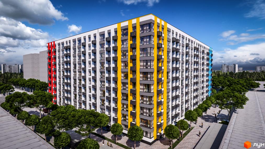 Багатоповерховий будинок ЖК BARVY з яскравими кольоровими смугами на фасаді. На прибудинковій території висаджені дерева та облаштовані пішохідні доріжки.