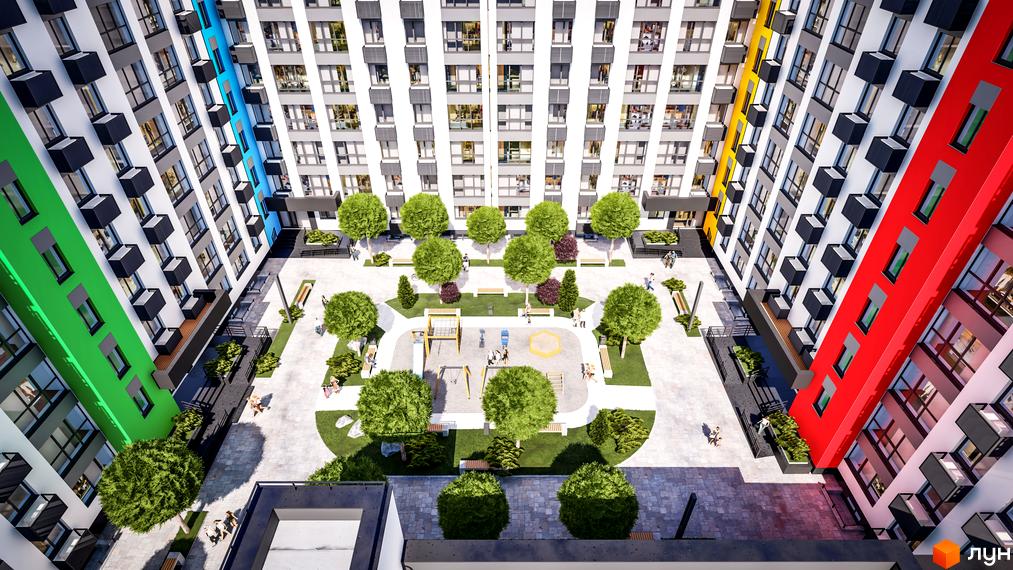 Житловий комплекс BARVY має яскраві фасади та внутрішній двір з дитячим майданчиком та зонами відпочинку.