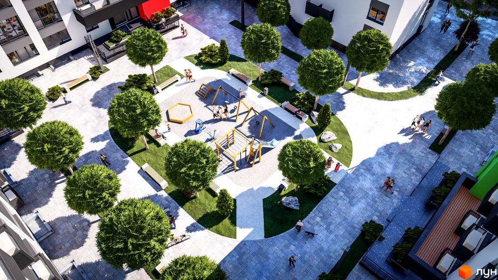 Житловий комплекс BARVY: сучасний будинок з просторим внутрішнім двором та дитячим майданчиком. Зелена зона з деревами та місцями для відпочинку.