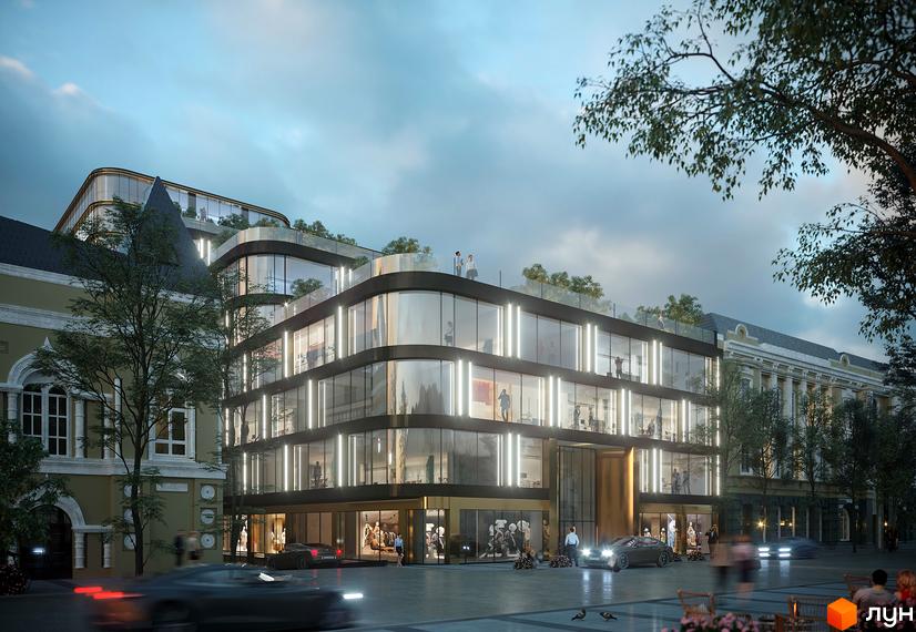Комплекс Avenue 25 з вигнутими скляними фасадами та зеленими терасами, розташований на фоні міської забудови.